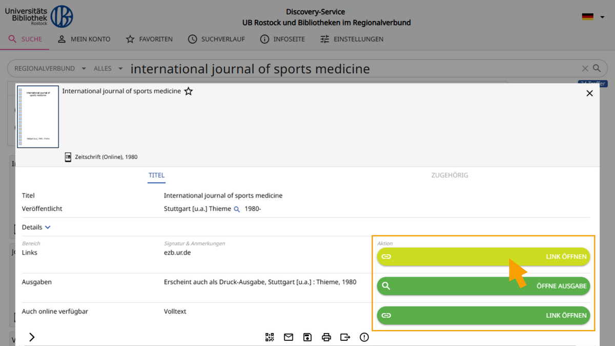 E-Journals Zeitschriftentitel Trefferanzeige