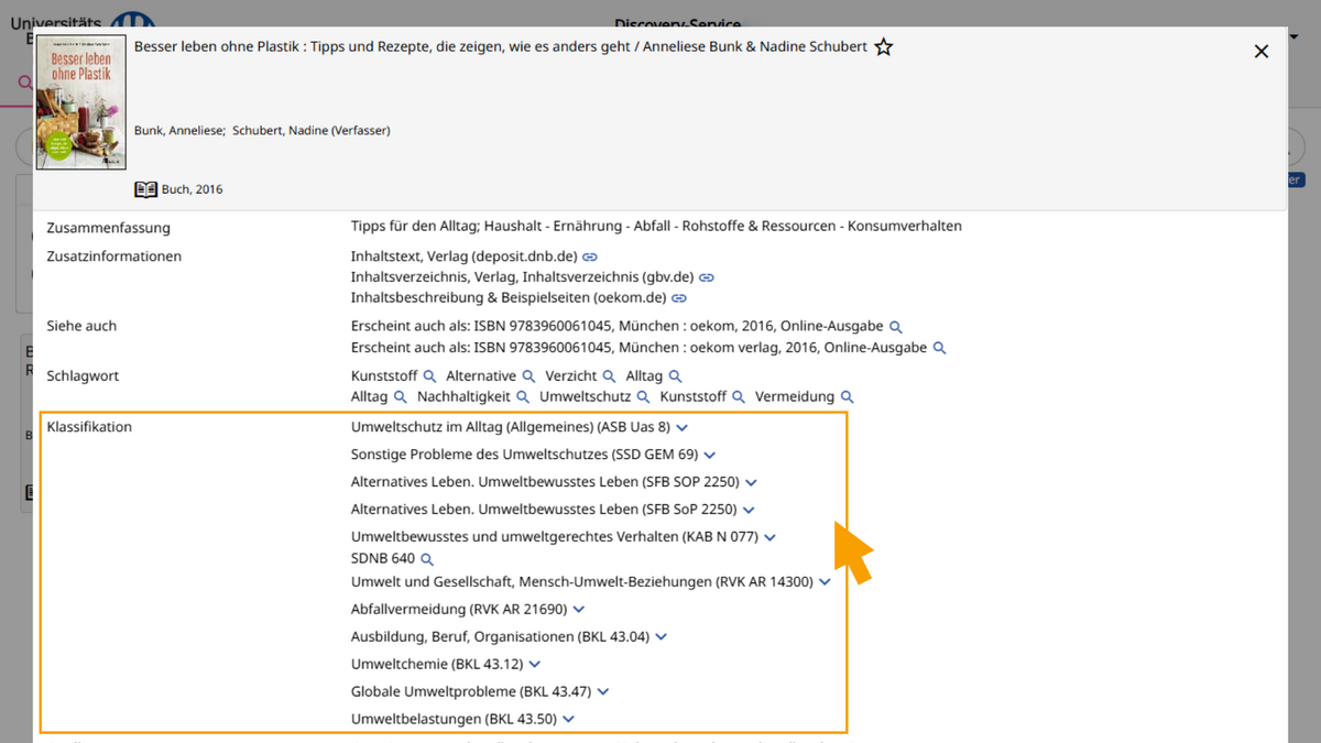 Relevante Sachgruppen in der Vollanzeige